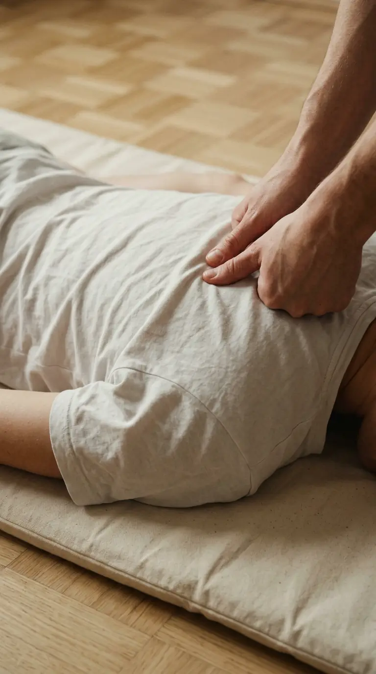 Seduta di shiatsu a casa: pressioni lente su una persona vestita, sdraiata a terra